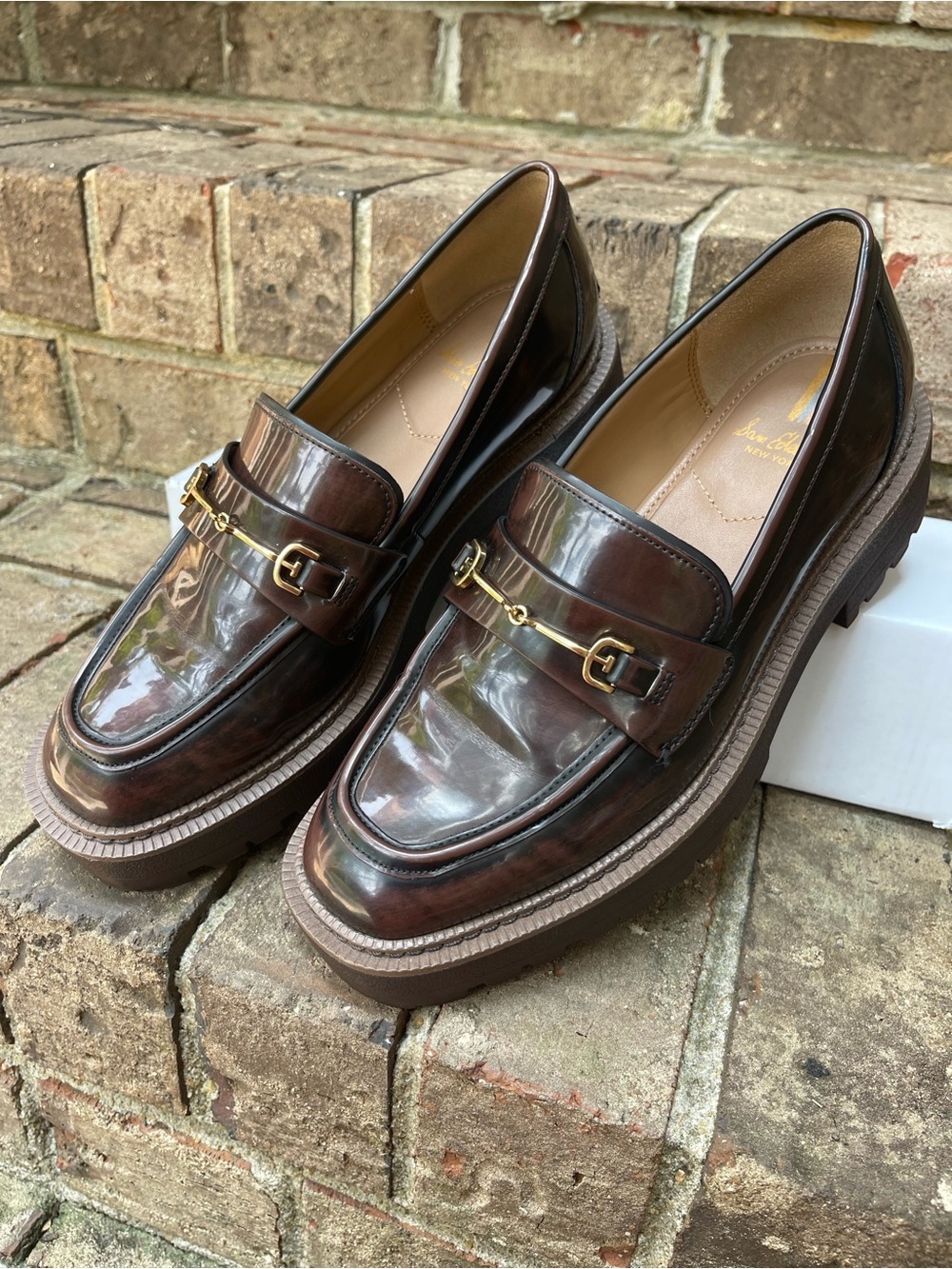 Sam Edelman Brown Lug Sole Horsebit Loafers Glossy Platform Shoes Women’s 8.5 - Picture 6 of 16